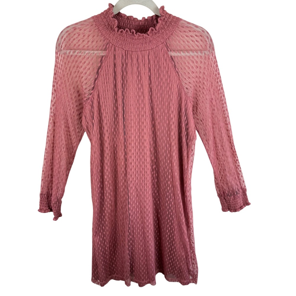 Nina Leonard Womens Dusty‎ Rose Pink Smocked Mock Neck Lace Dress Size Large - Picture 2 of 9